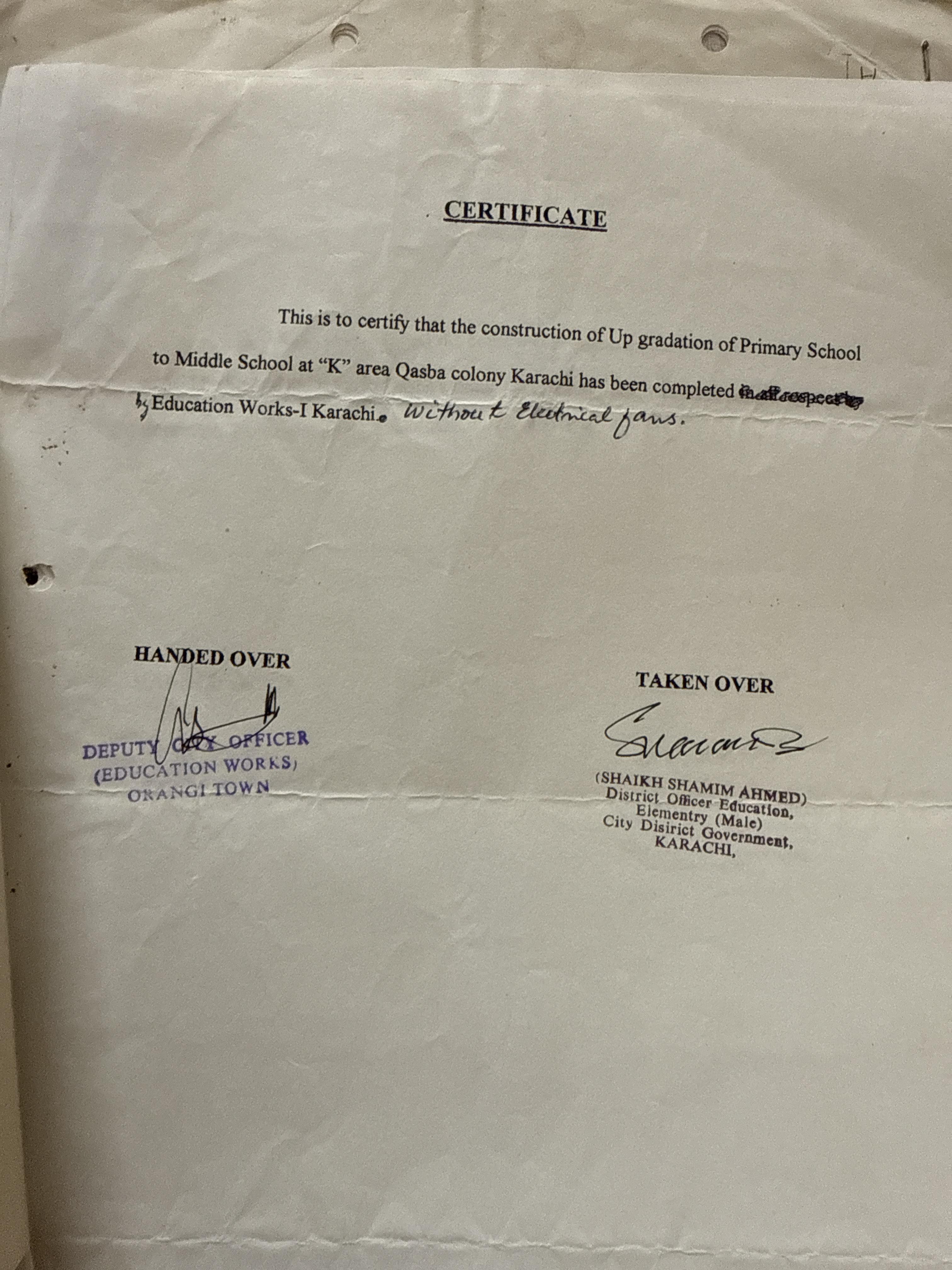 Primary to Middle School Upgradation — K Area, Qasba Colony, Karachi (1998–2003)