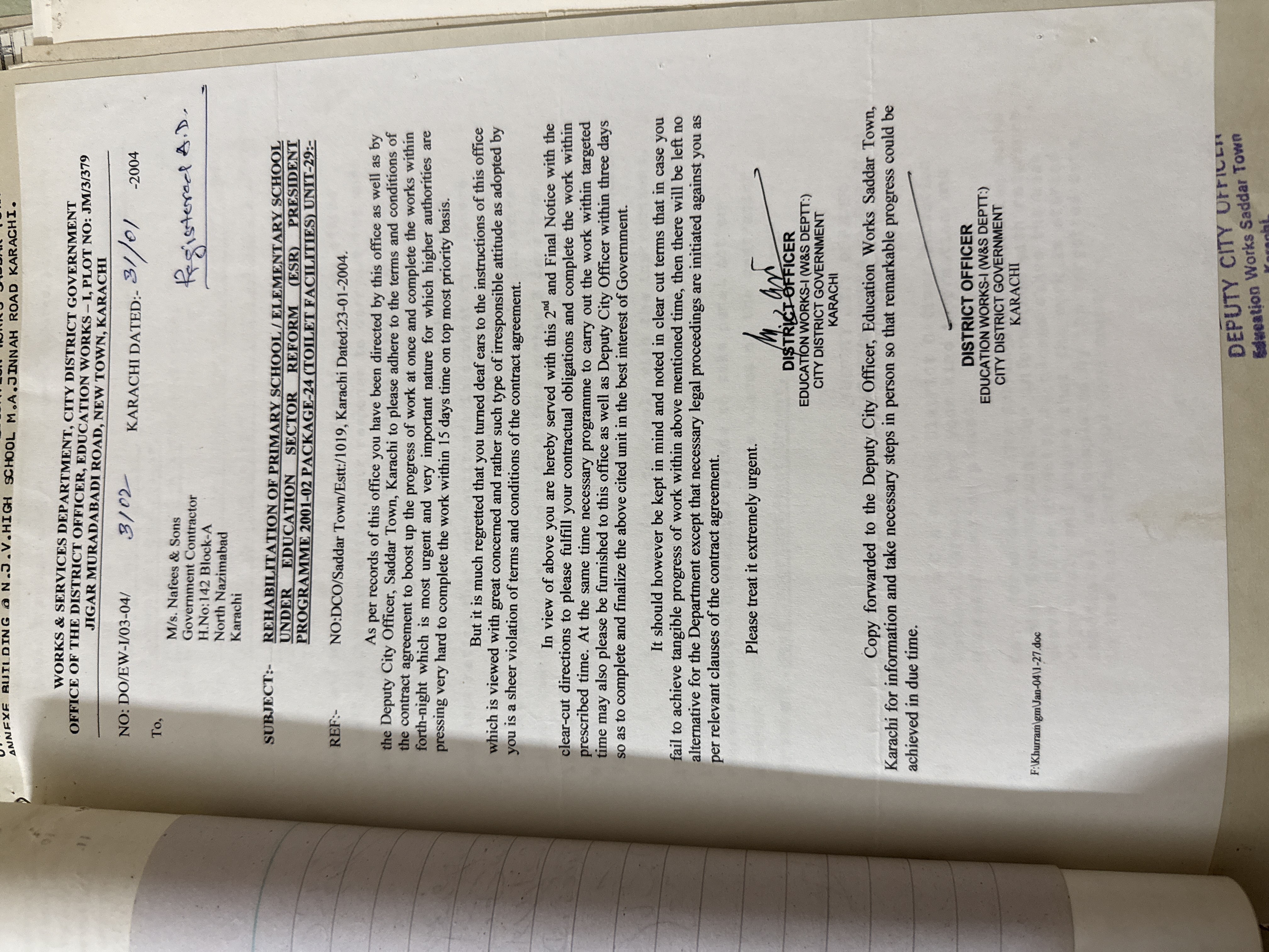 Government notice for Package 24 Toilet Facilities Unit 29 Education Sector Reform Programme Saddar Town Karachi 2004 — Works and Services Sub-Division 2nd Final Notice directing Naffees and Sons to complete school rehabilitation works urgently
