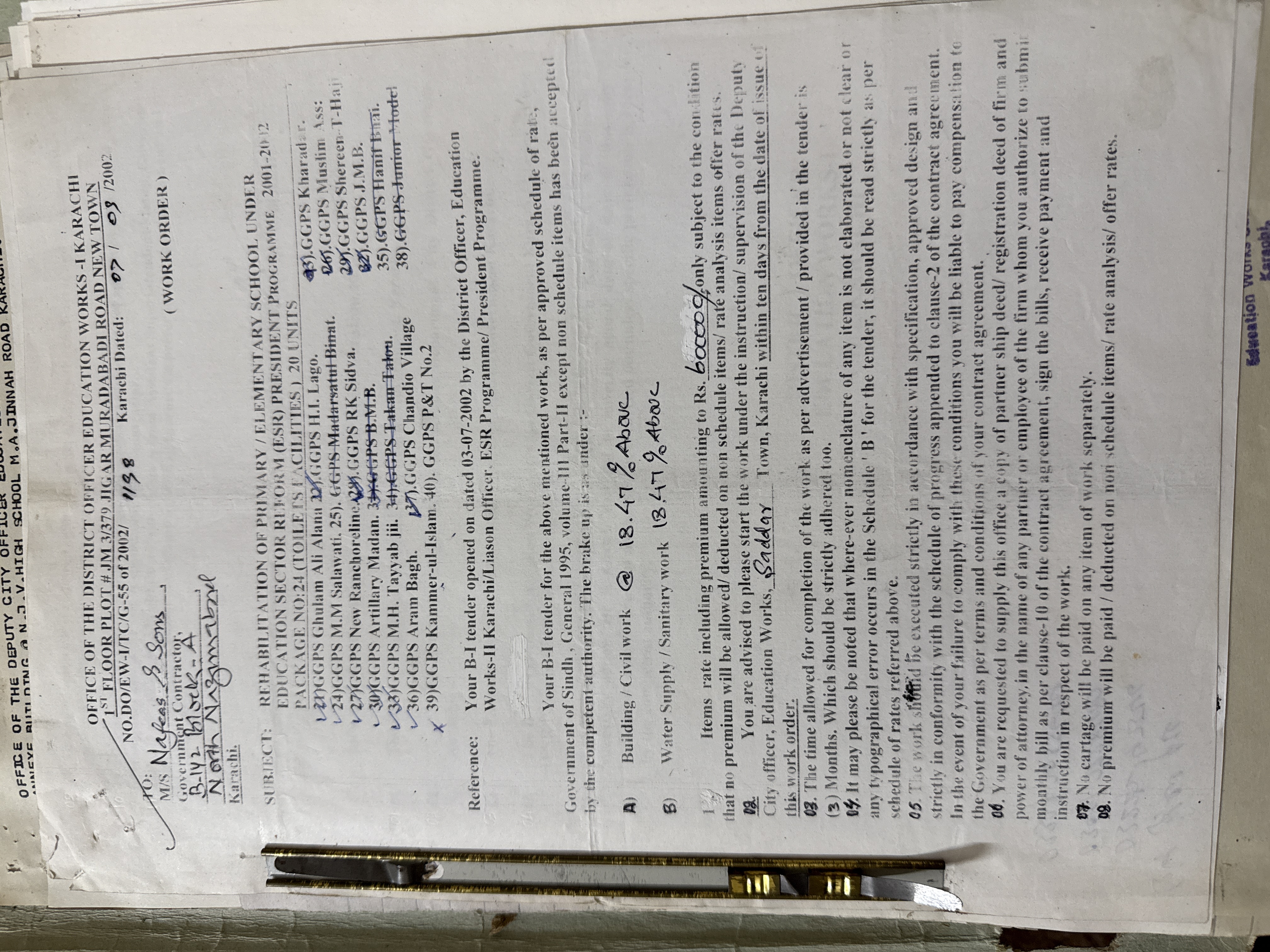 Work order for rehabilitation of multiple primary and elementary schools under Education Sector Reform FSR Programme Karachi — District Officer Education Works Karachi-I, building items 8.40% above schedule rate, President's Programme 2001-2006