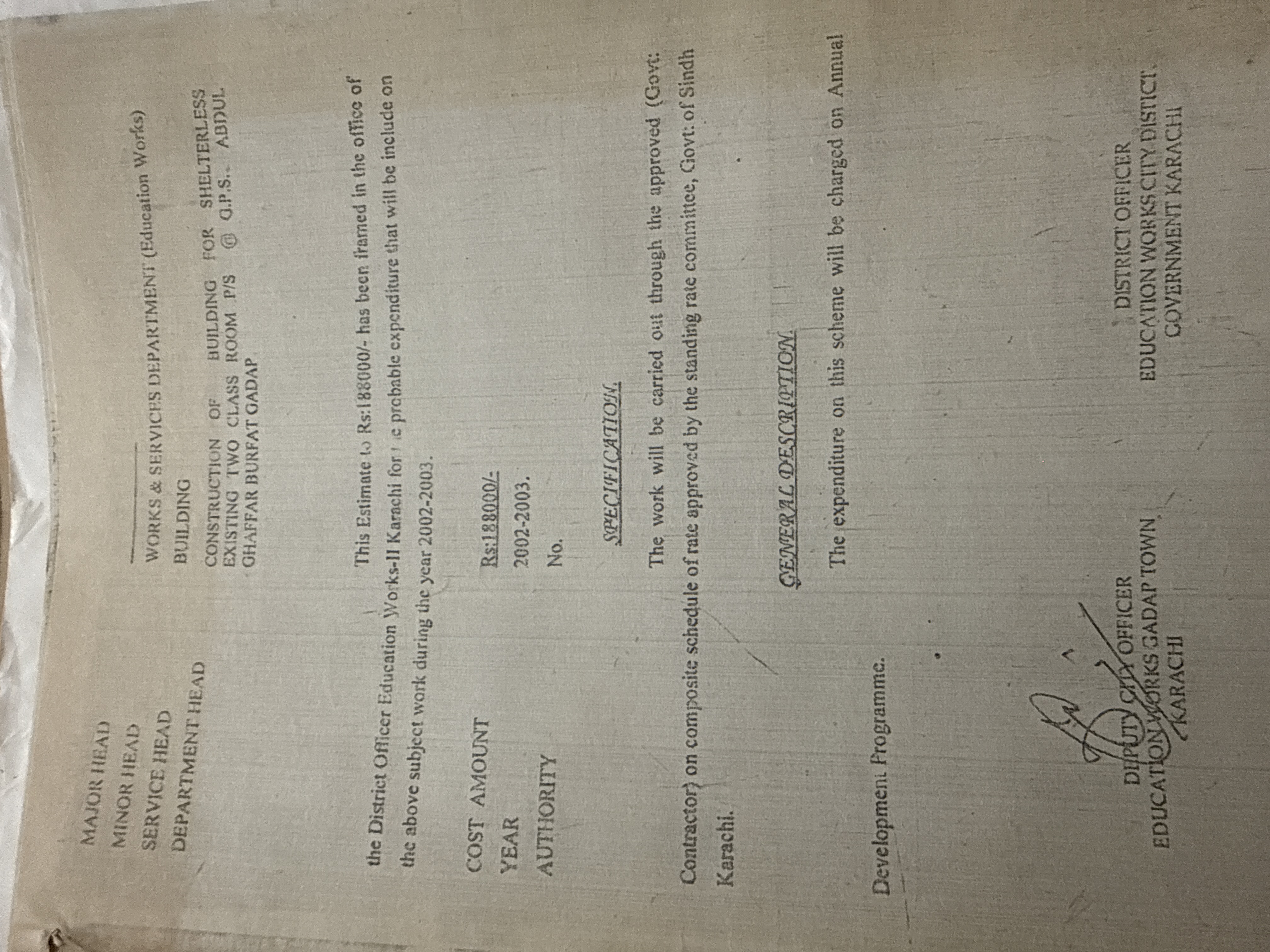 Government facesheet for two-classroom construction at GPS Abdul Ghaffar, Burpat, Gadap Town — contract value Rs.1,88,000, 2002-03, Works & Services Department