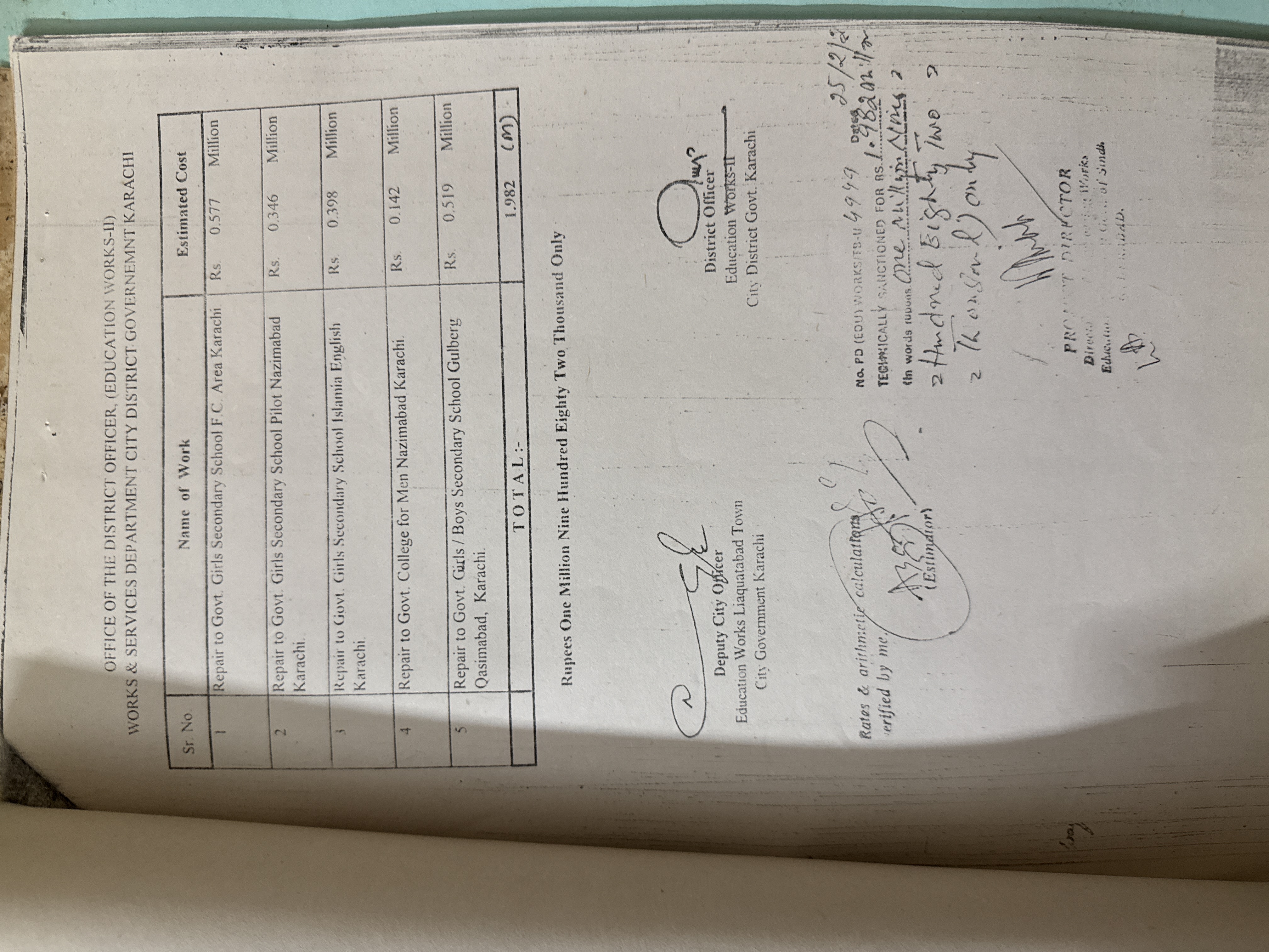 Technical sanction continuation page signed by District Officer Education Works-II CDG Karachi and Deputy City Officer Education Works Liaquatabad Town for five-school repair programme Rs 1982000 — countersigned Project Director Director Education Government of Sindh