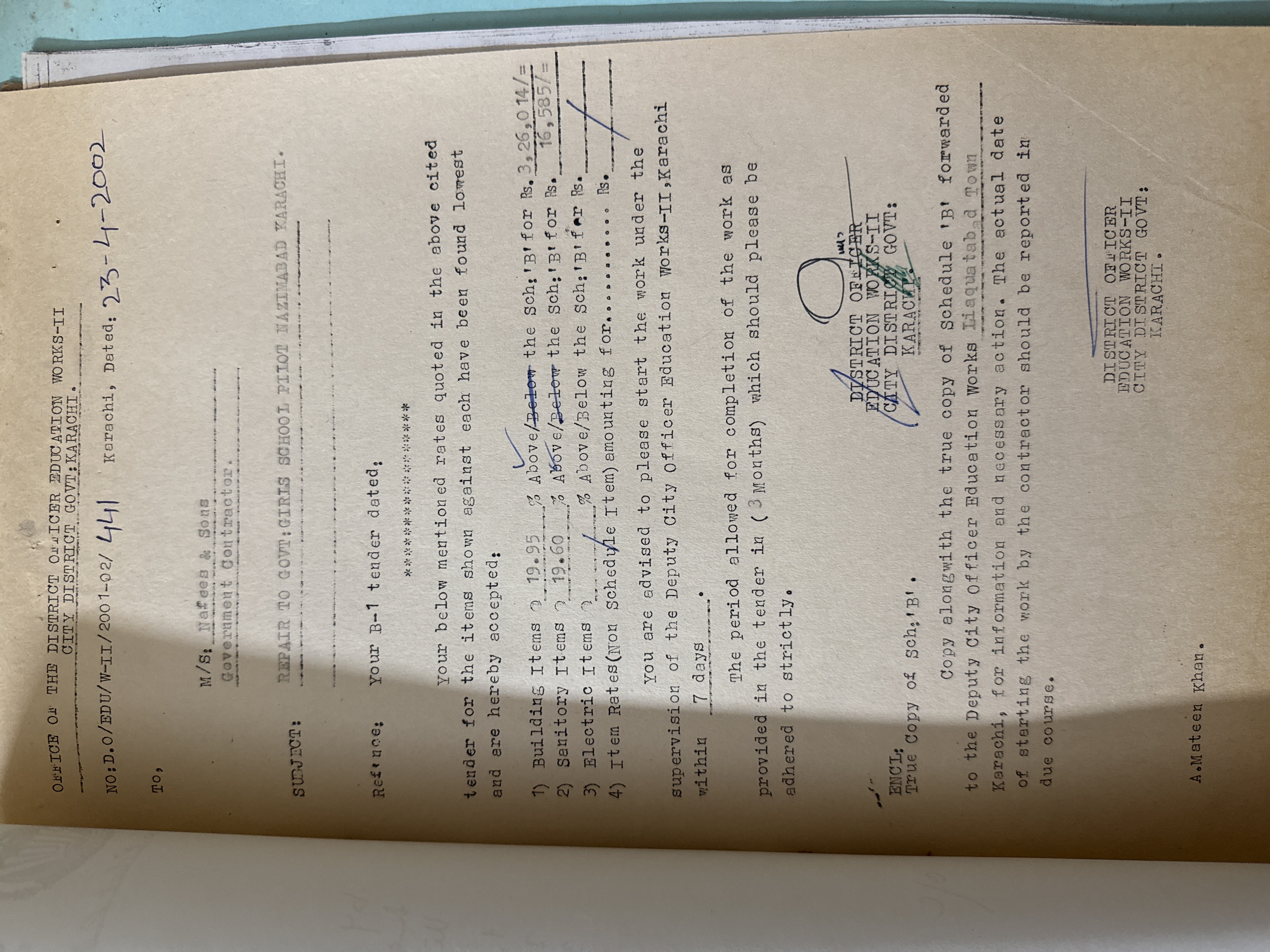 Work order for repair of Govt Girls Pilot Higher Secondary School Nazimabad Karachi — District Officer Education Works-II A Mateen Khan CDG Karachi, building items 19.95% above schedule Rs 329014, non-schedule items Rs 12535, total Rs 341549, dated April 23 2002