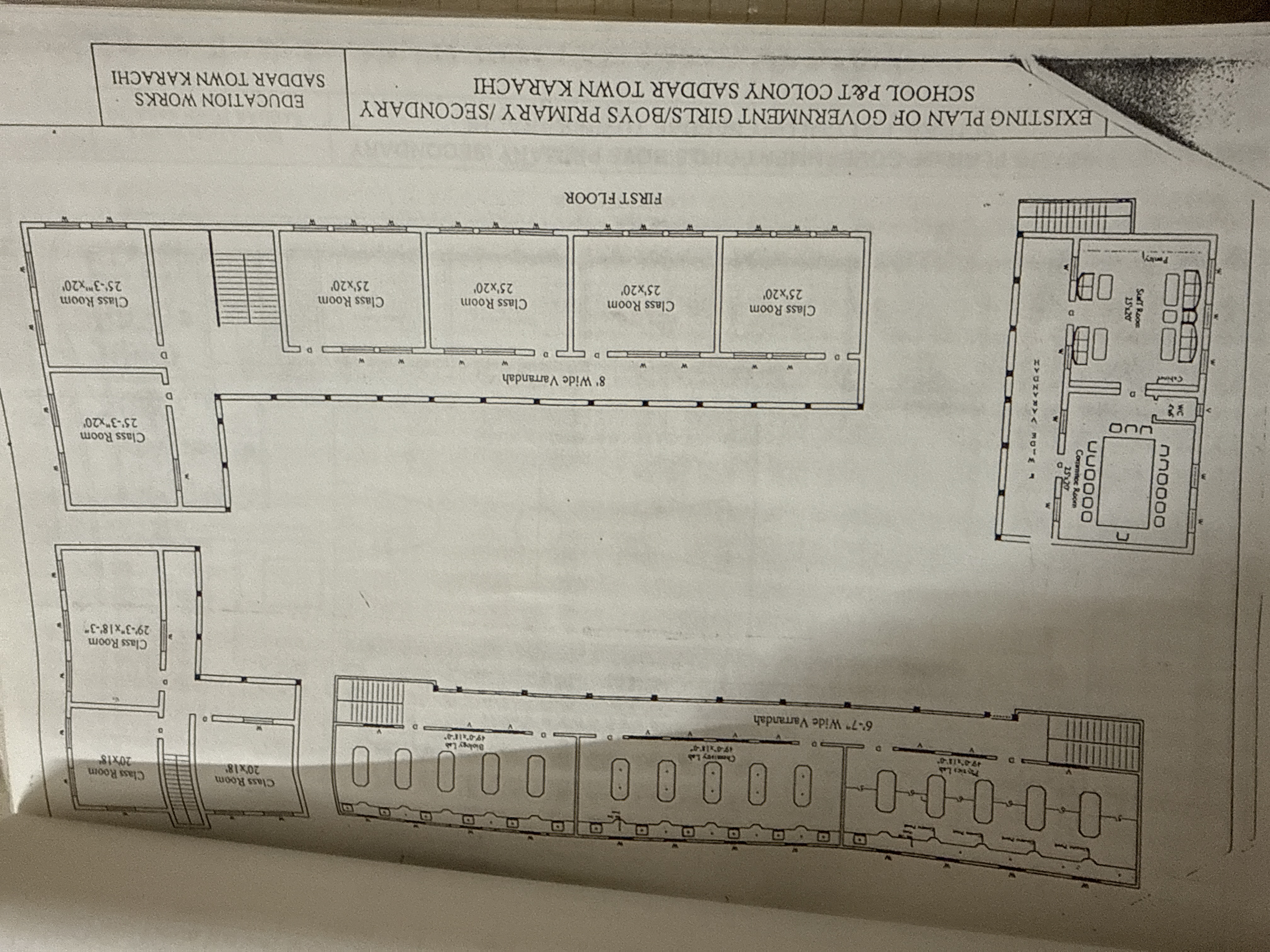 Architectural drawing first floor plan existing Government Girls Boys Primary Secondary School P&T Colony Saddar Town Karachi — Education Works Saddar Town — classrooms biology chemistry physics labs staff room verandah