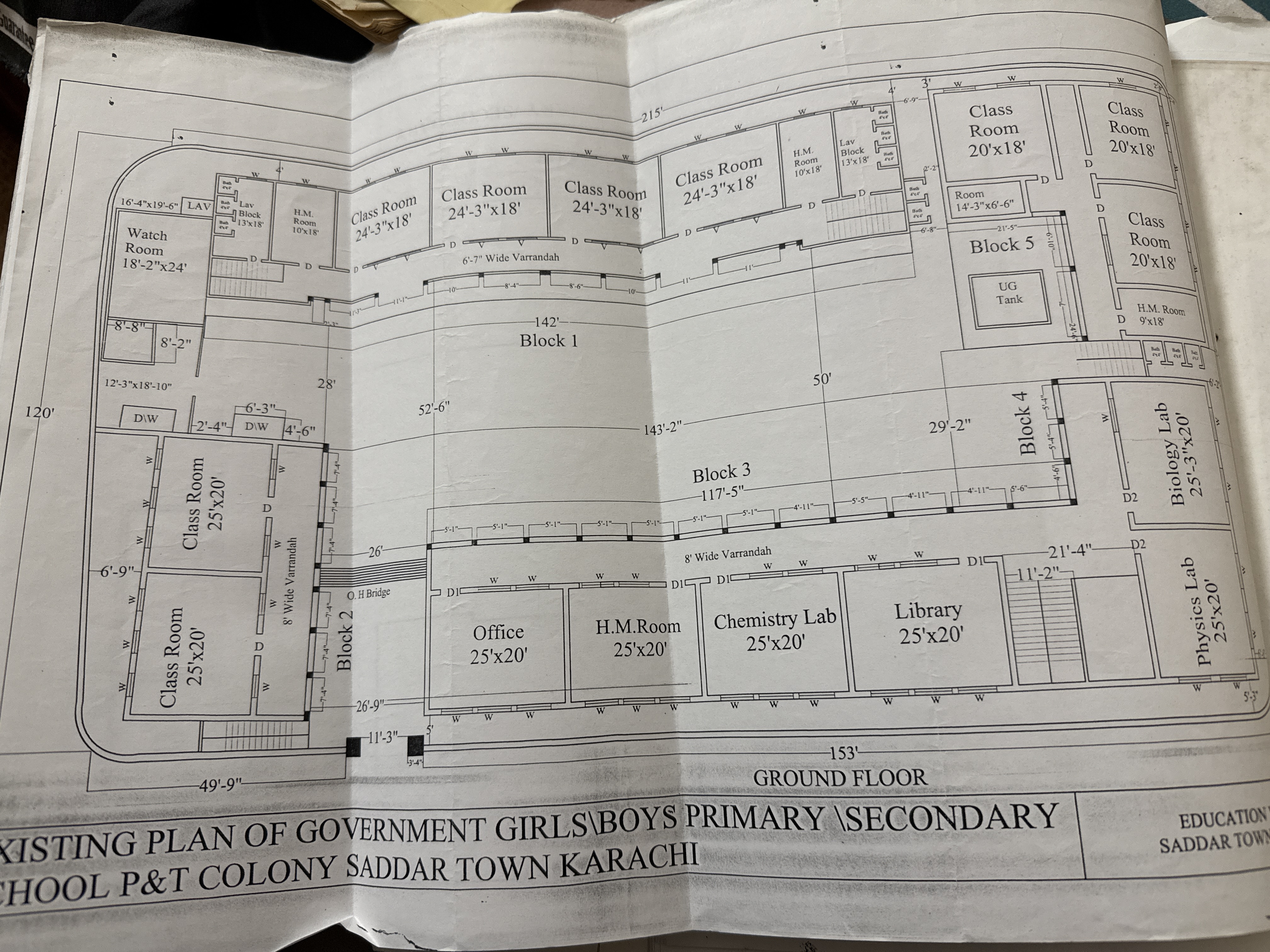 Detailed architectural drawing ground floor 5-block plan Government Girls Boys Primary Secondary School P&T Colony Saddar Town Karachi — Block 1 2 3 4 5 — Chemistry Lab Biology Lab Physics Lab Library Office Head Master Room classrooms Watch Room ESS Tank — Education Works Saddar Town