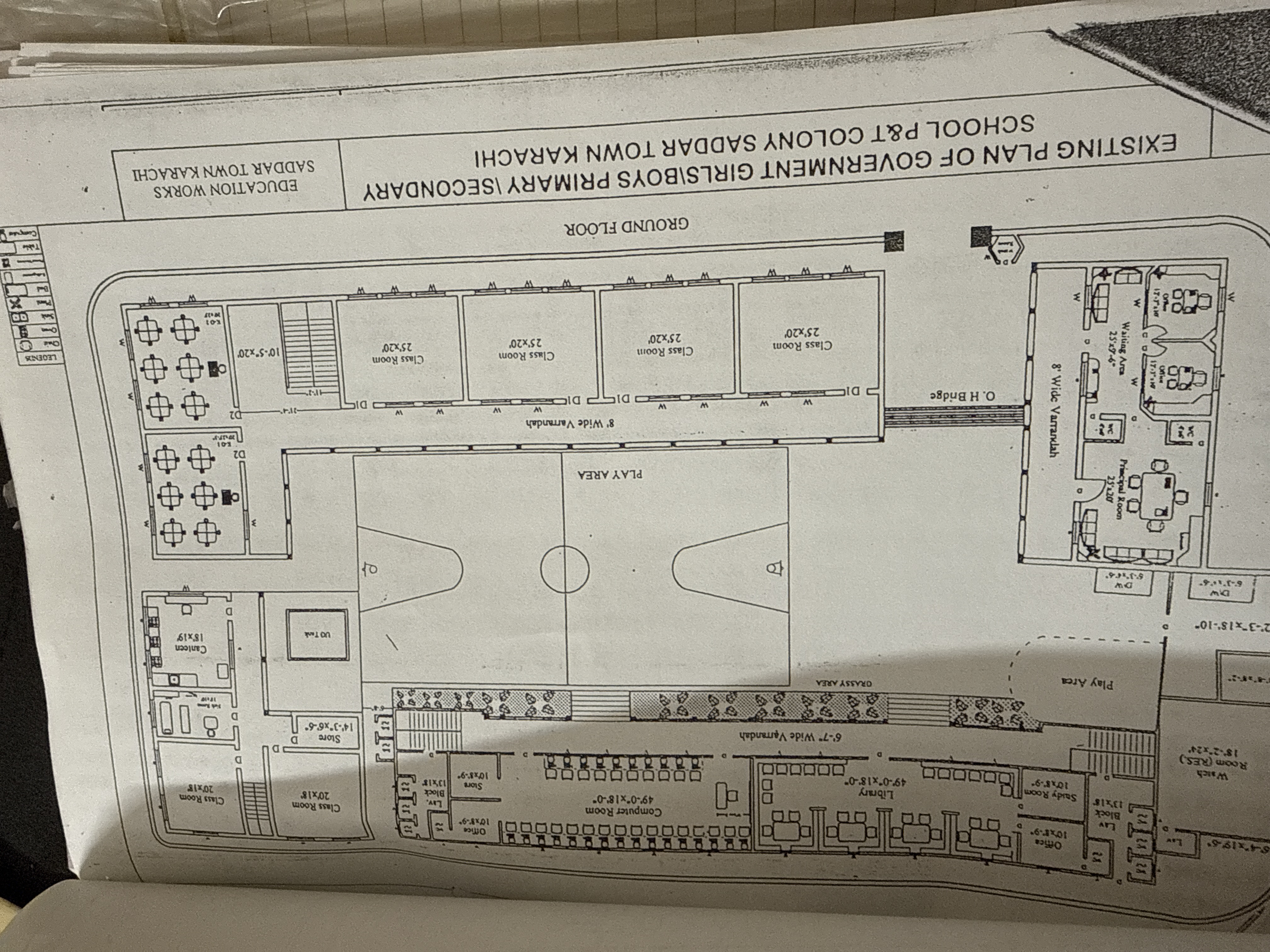 Architectural drawing ground floor plan existing Government Girls Boys Primary Secondary School P&T Colony Saddar Town Karachi — Education Works Saddar Town pre-renovation survey — classrooms play area computer room biology lab principal office