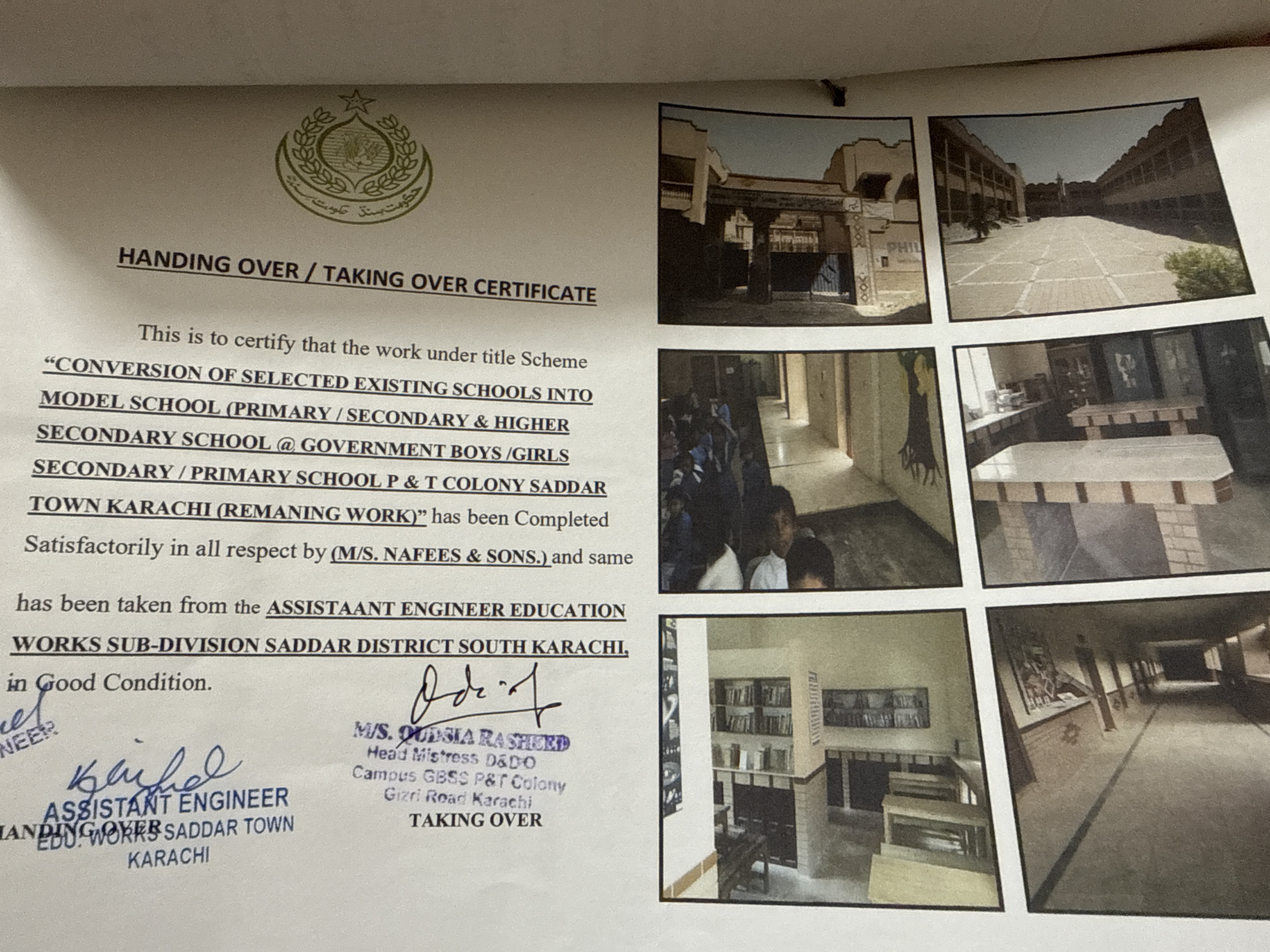 Handing over taking over certificate with site photographs model school conversion P&T Colony Saddar Town Karachi — completed by M/S Naffees and Sons — signed by Assistant Engineer Education Works Saddar Town and Head Mistress — school building exterior courtyard furnished classrooms interior