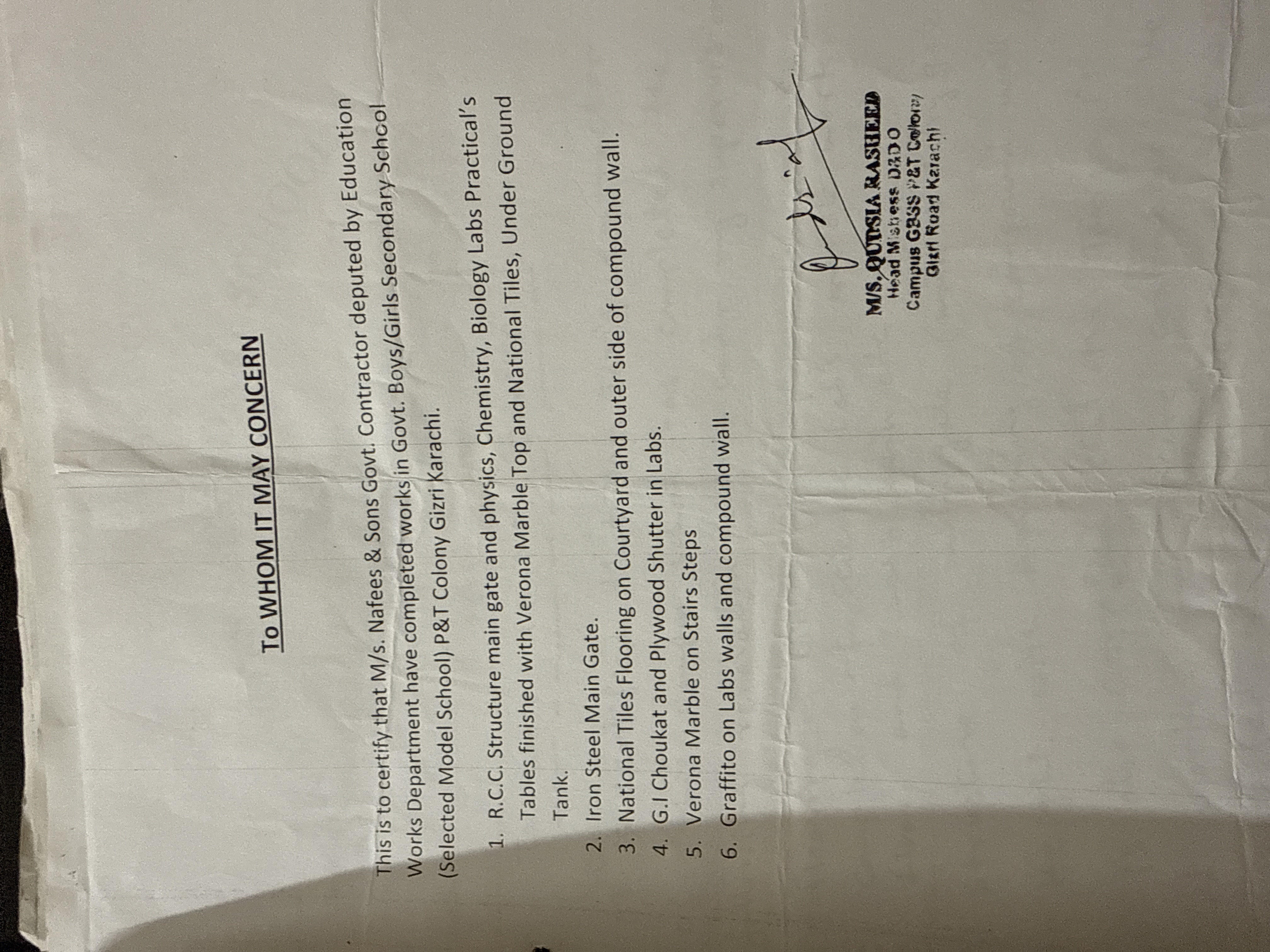 Head Mistress certification letter To Whom It May Concern GBSS P&T Colony Gizri Road Karachi signed M/S Qutsha Rasheed confirming completed works by Naffees and Sons — RCC labs Verona marble iron gate National tiles courtyard Verona marble stairs graffito