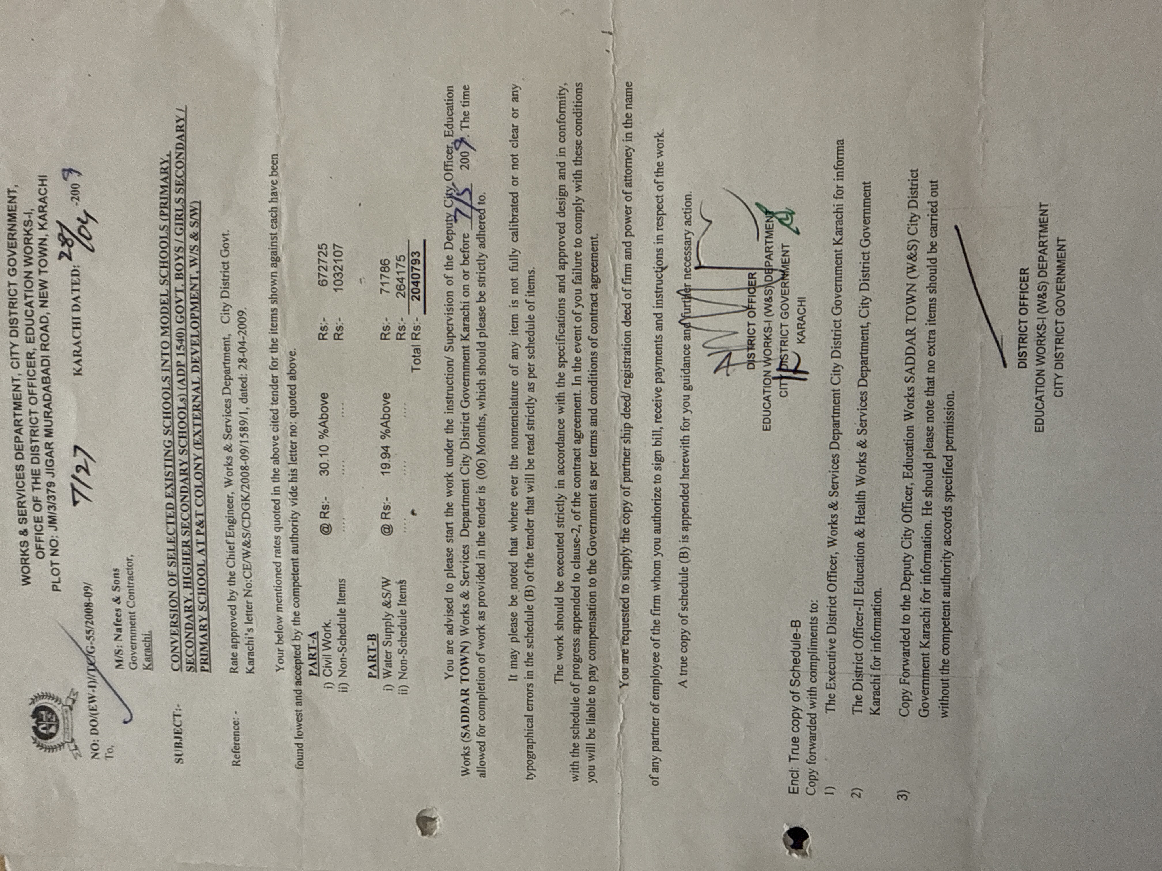 Government work order 2008-09 CDG Karachi to Naffees and Sons external development water supply sewerage model school conversion P&T Colony Saddar Town ADP 1540 total Rs 20,40,793