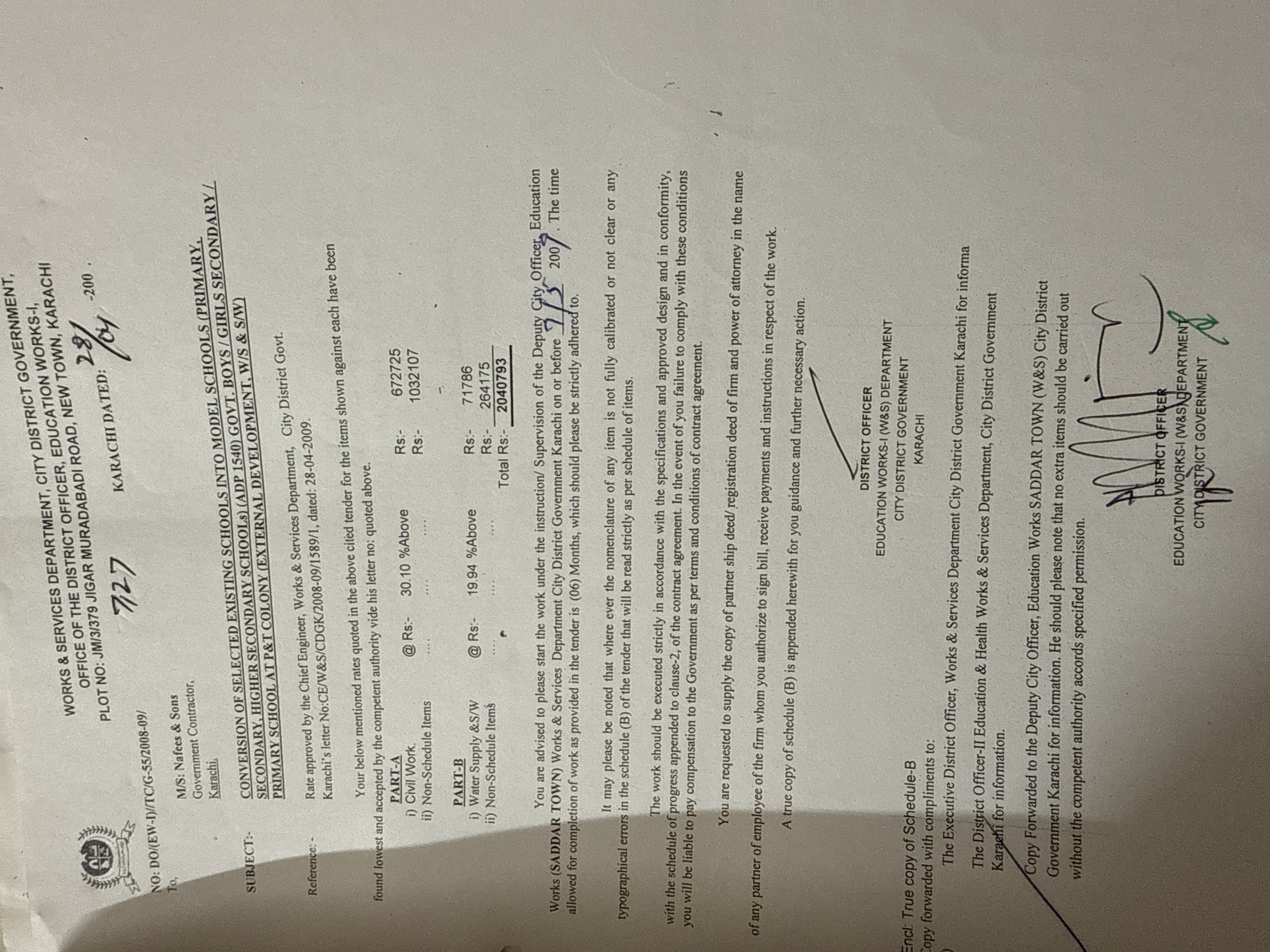 Government work order 2008-09 CDG Karachi to Naffees and Sons Girls Higher Secondary School P&T Colony model school conversion external development water supply sewerage Saddar Town Karachi