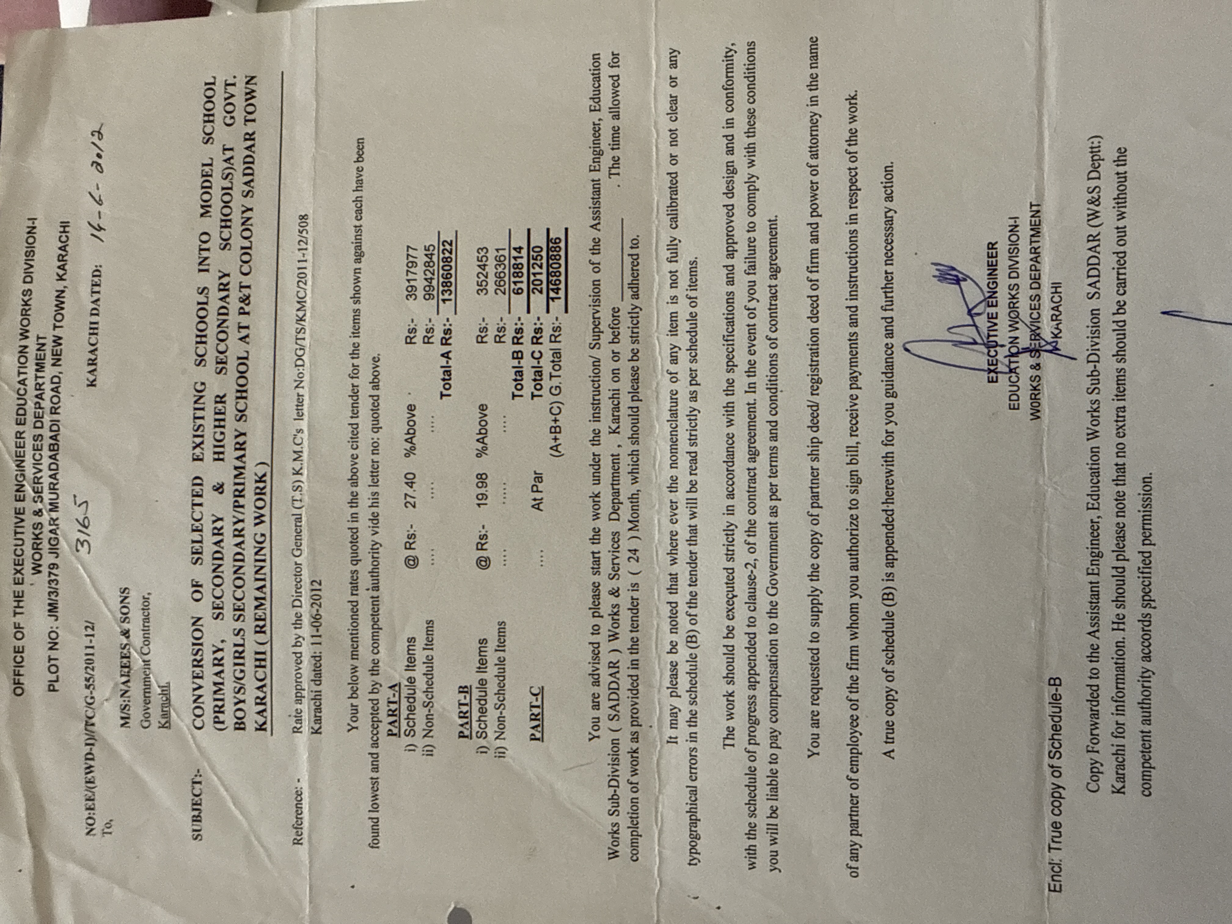 Government work order 2011-12 Executive Engineer Education Works Division CDG Karachi to Naffees and Sons remaining work model school conversion P&T Colony Saddar Town Karachi — three-part contract completion phase 2012