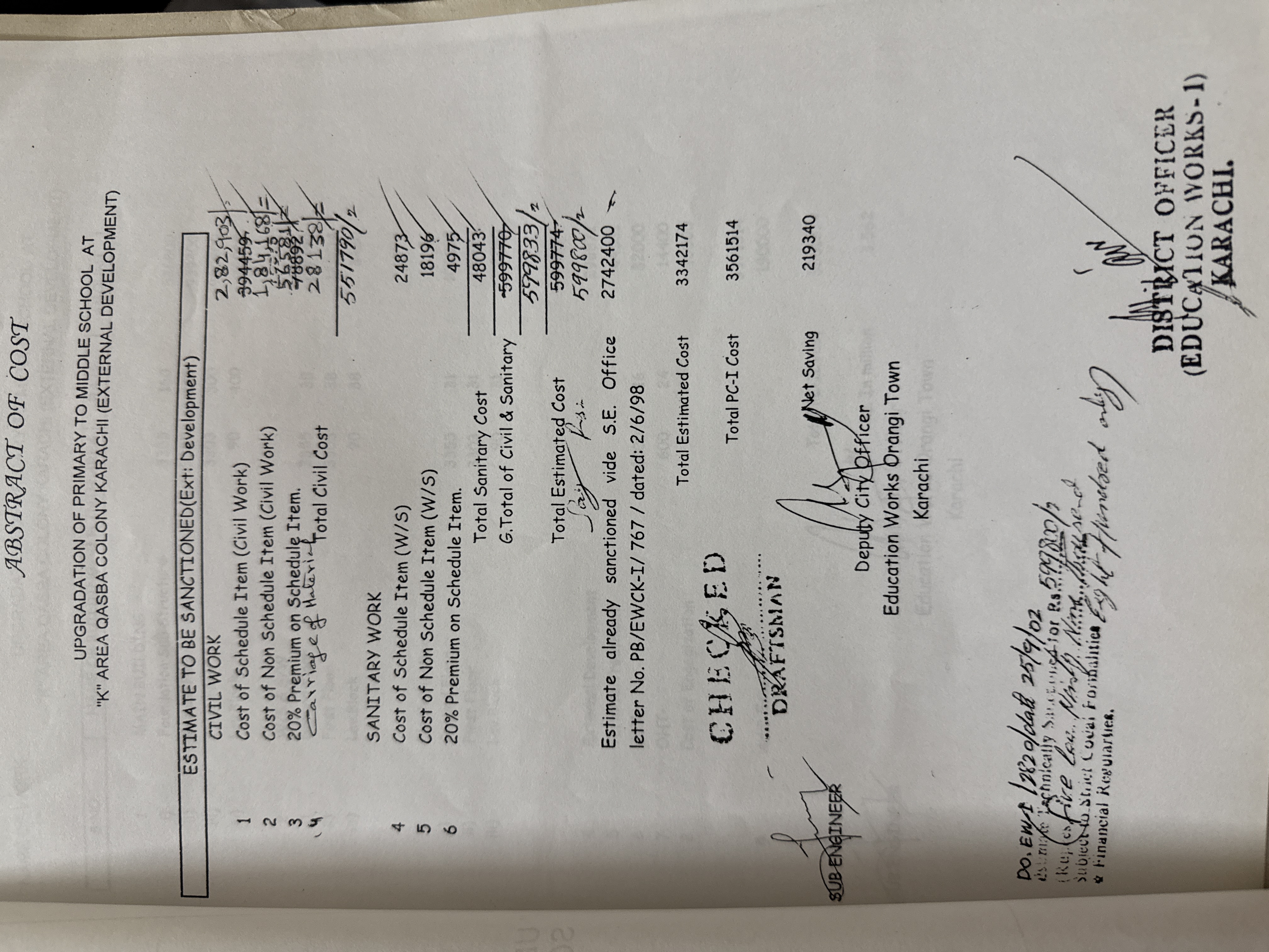 Abstract of cost for upgradation of primary school to middle school at Qasba Colony Karachi — PC-I sanctioned Rs.35,61,514, total estimated cost Rs.33,42,174, net saving Rs.2,19,340 — Works & Services Department CDG Karachi