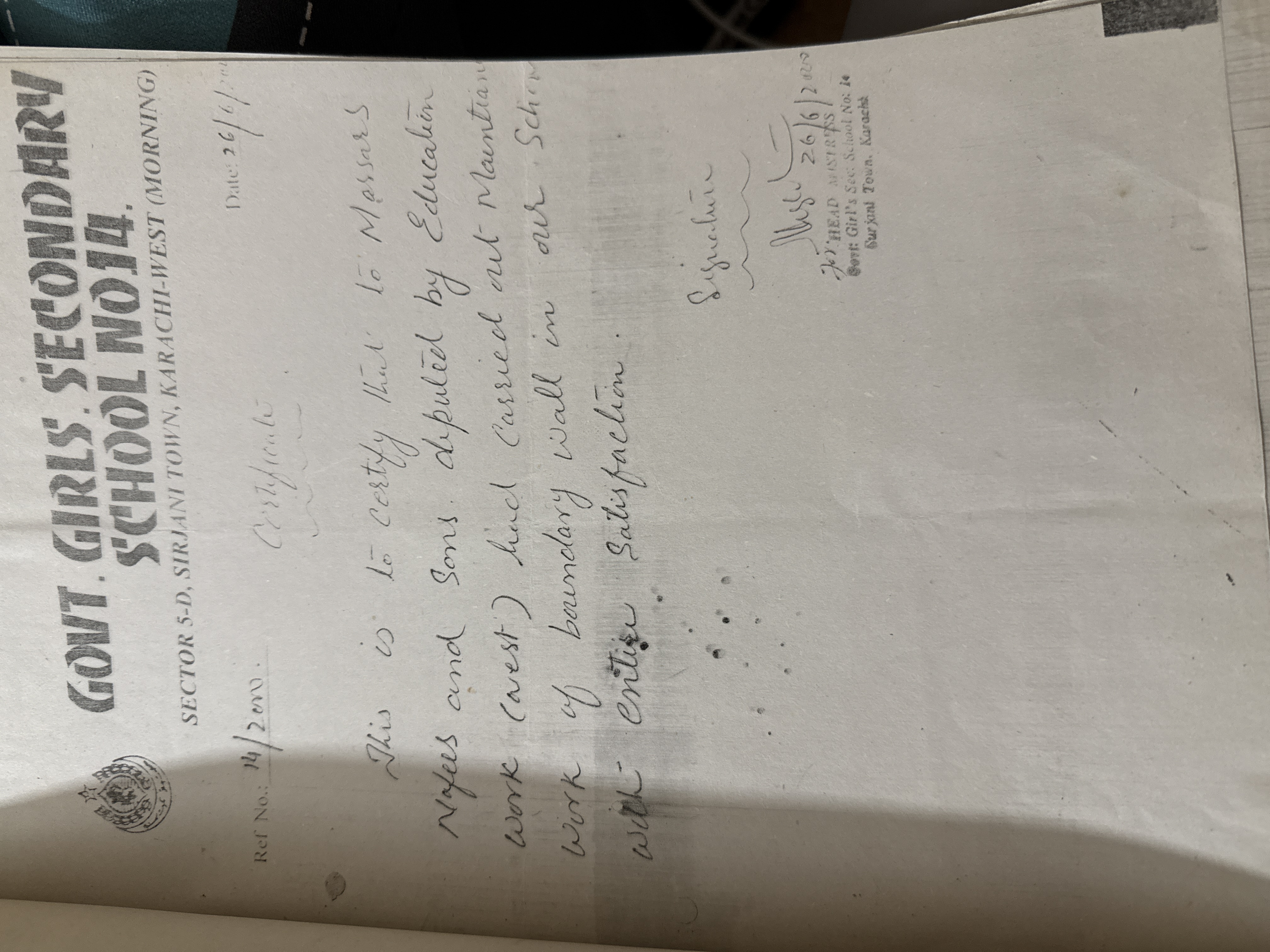 Satisfaction certificate from Head Mistress of Govt Girls Secondary School No 14 Sector 5-D Sirjani Town Karachi-West confirming Naffees and Sons completed boundary wall maintenance work with entire satisfaction Education Works West 2001