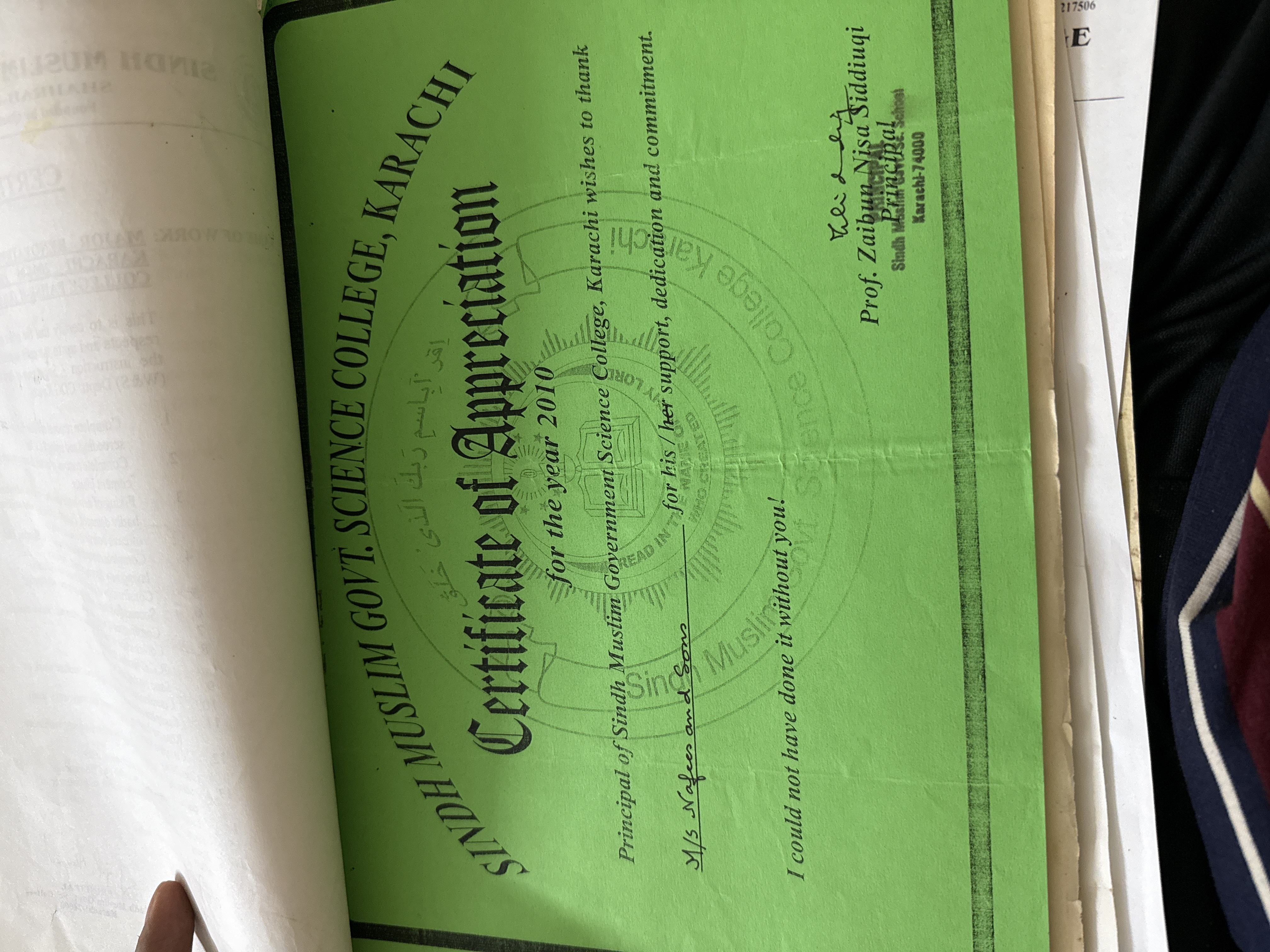 Certificate of Appreciation 2010 signed by Professor Zaibun Nisa Siddiuqi Principal Sindh Muslim Government Science College Karachi — awarded to Naffees and Sons for support dedication and commitment — approved government contractor Karachi institutional renovation