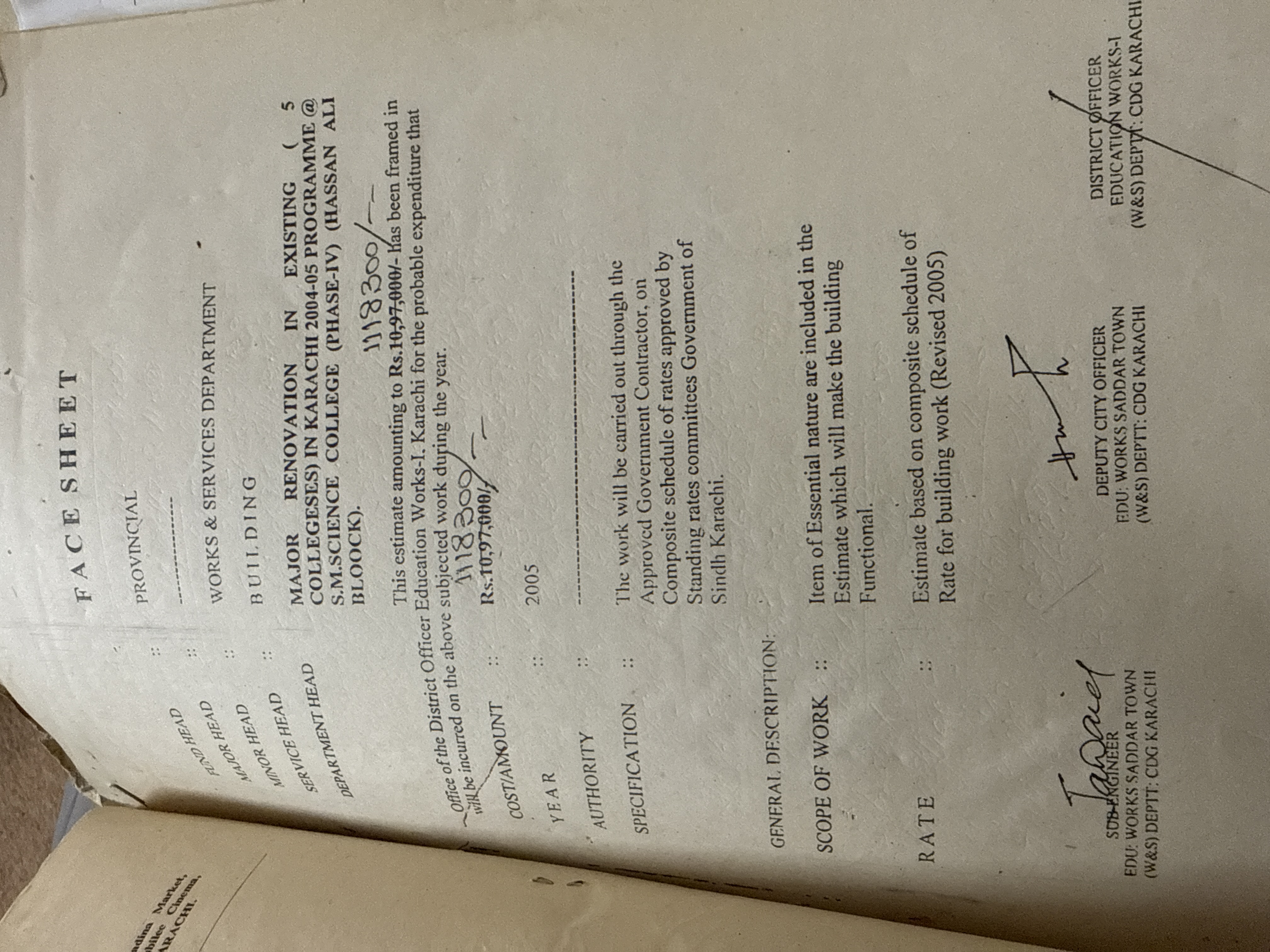 Official Works and Services Department government face sheet showing sanctioned contract value for Hassan Ali Block Phase IV renovation at SM Government Science College Karachi 2005 — Naffees and Sons approved government contractor CDG Karachi