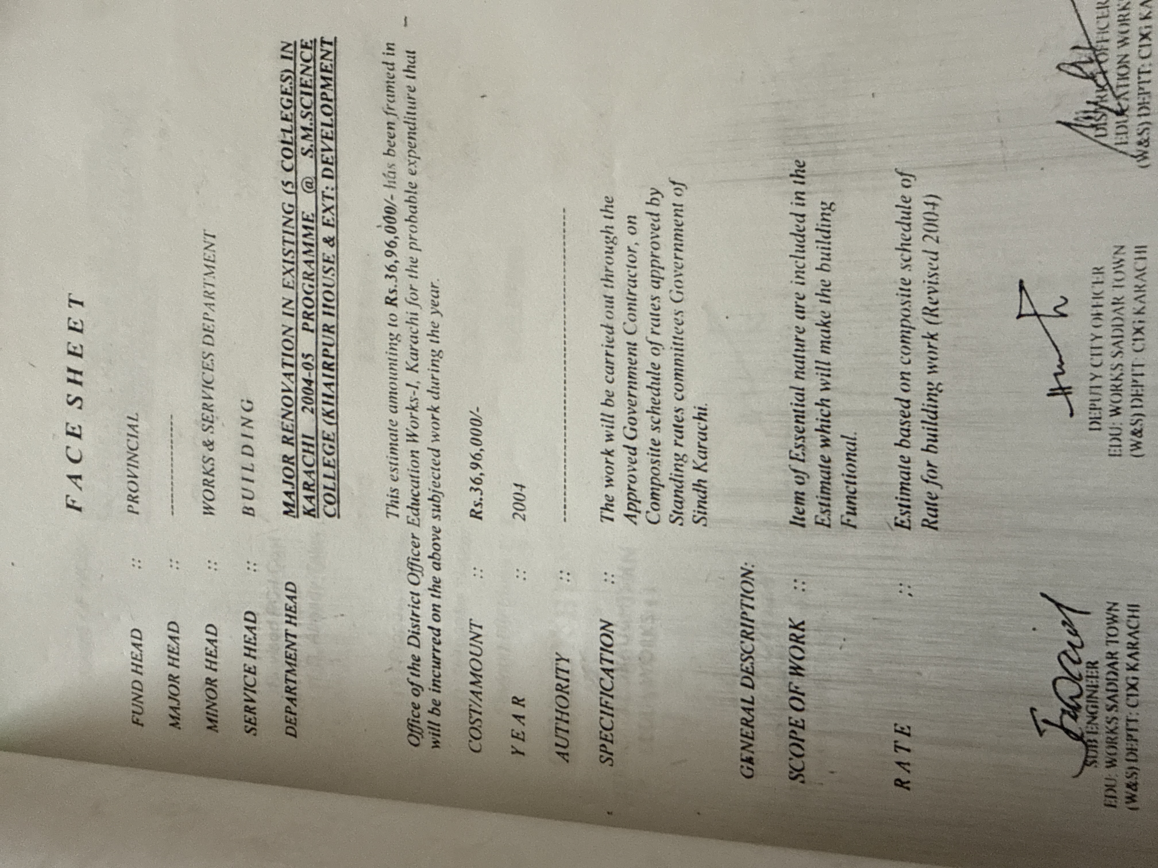Official Works and Services Department government face sheet showing sanctioned contract value of Rs 36,96,000 for Khairpur House and External Development renovation at SM Government Science College Karachi 2004 — Naffees and Sons approved government contractor Sindh