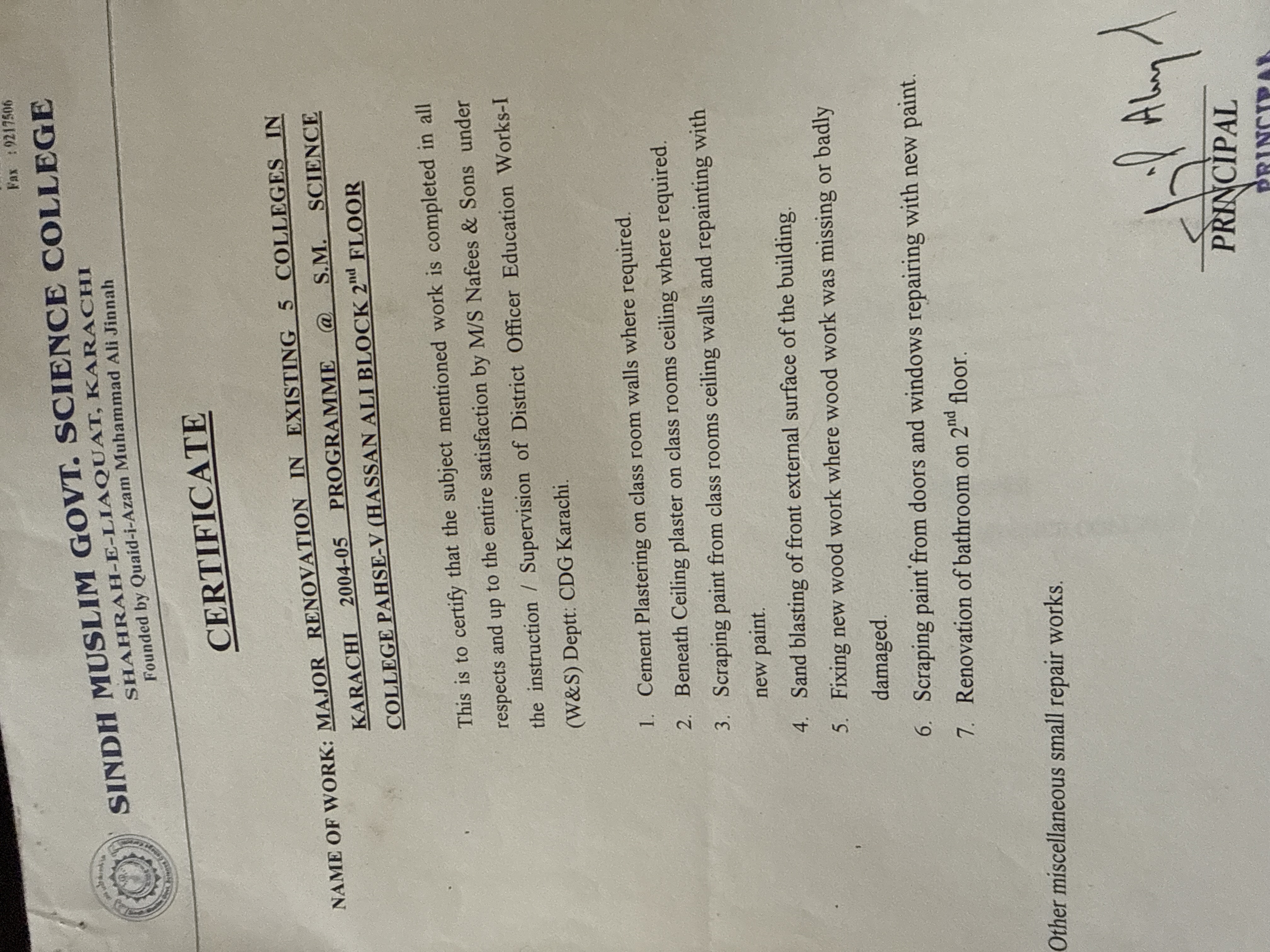 Completion certificate from Principal Sindh Muslim Govt Science College Shahrah-e-Liaquat Karachi for Hassan Ali Block 2nd Floor renovation — cement plastering sand blasting facade painting woodwork bathroom — Naffees and Sons 2004 05