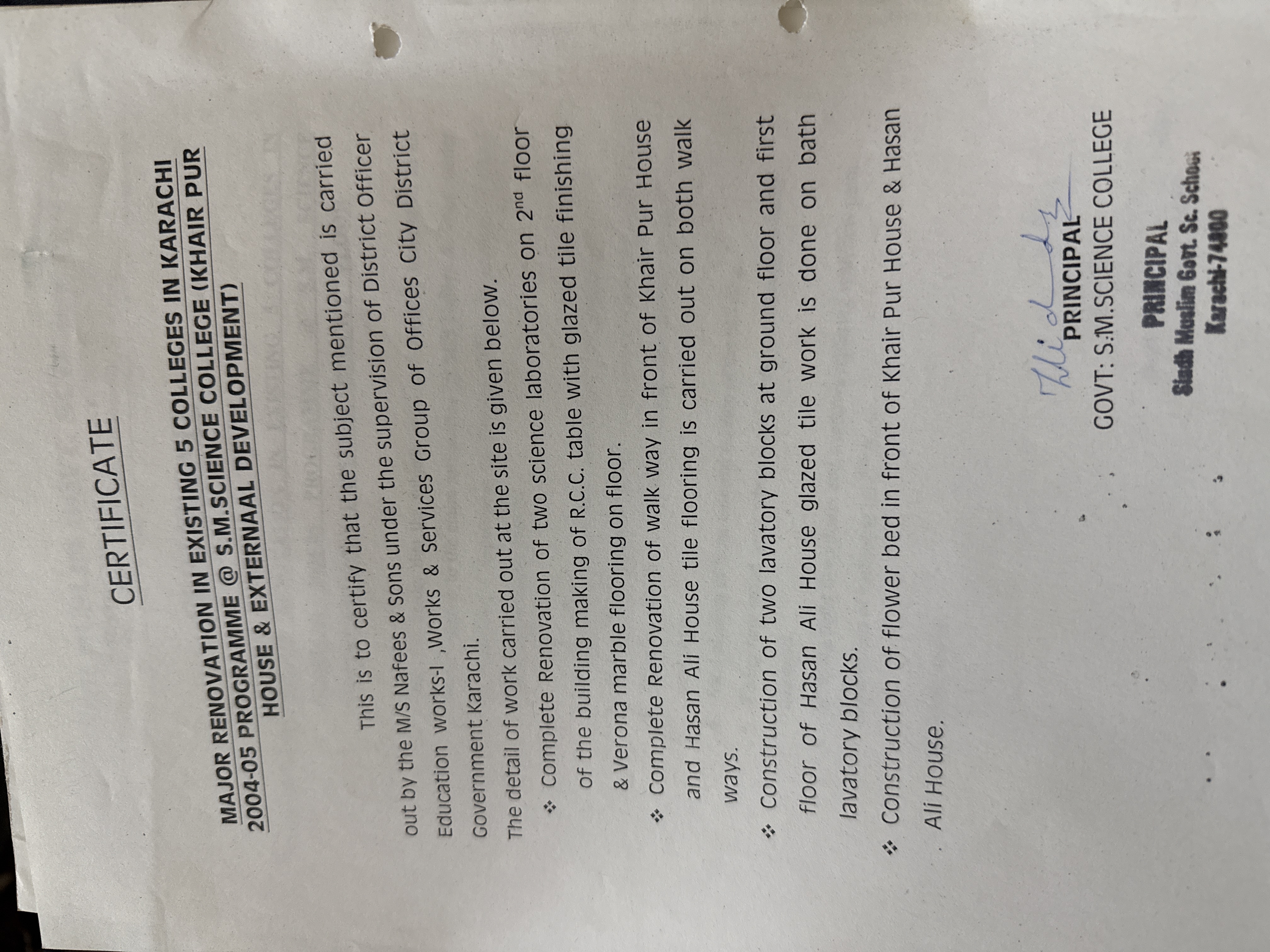 Completion certificate from Principal Govt SM Science College Karachi for Khairpur House and External Development renovation — science laboratories RCC tables Verona marble walkway tiling lavatory blocks flower beds — Naffees and Sons Karachi 2004